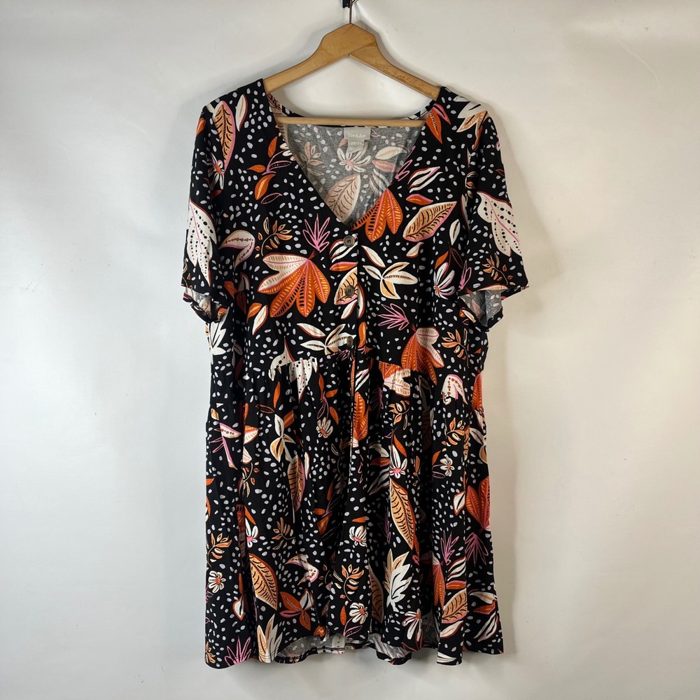 Zim & Zoe Babydoll Dress Womens 22/24 Black Orange Tropical Leaf Button Front